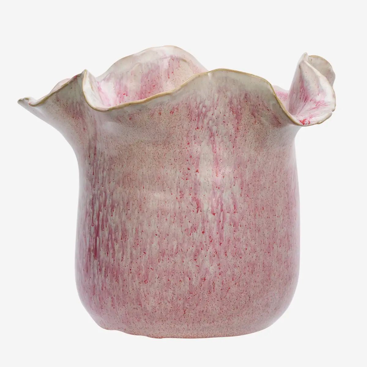 De bloempot is vervaardigd uit steengoed en afgewerkt met een glazuur in roze en off white tinten. uitstraling.
