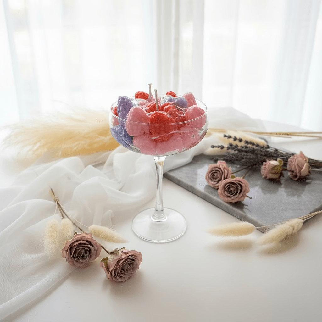 Bosvruchten gel kaars in elegante cocktailglas presentatie met een brandtijd van 30 tot 35 uur