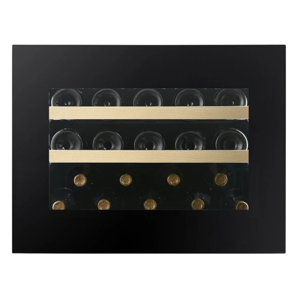 Design zwarte wijnkoelkast in compacte vorm met houten leggers en meervoudig LED-licht (wit, amber en blauw).