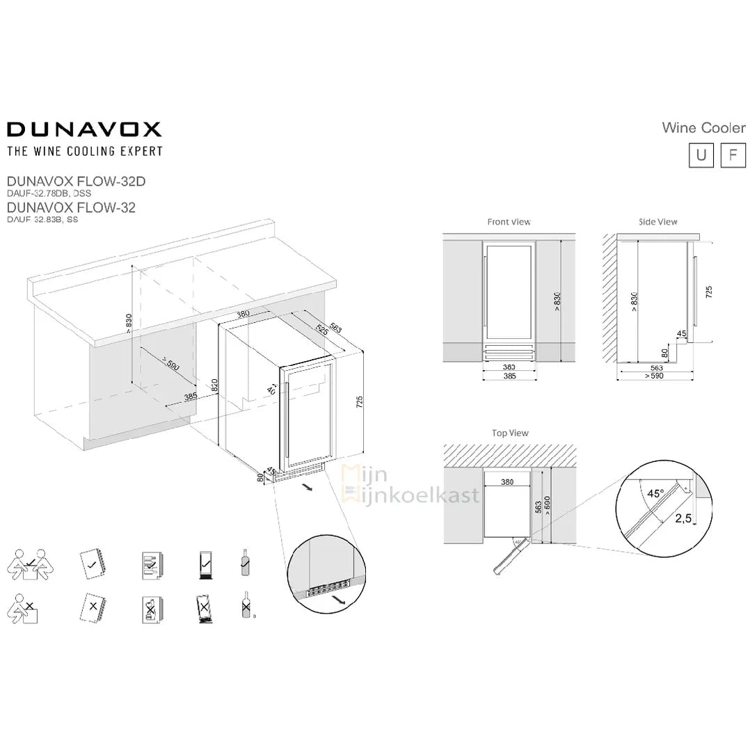 wijnkoelkast in zwart, matzwart, rvs/zilver of eigen gekozen RAL kleur. Combineert elegantie met functionaliteit. Geschikt voor 32 flessen en wordt verlicht met multi-LED verlichting.