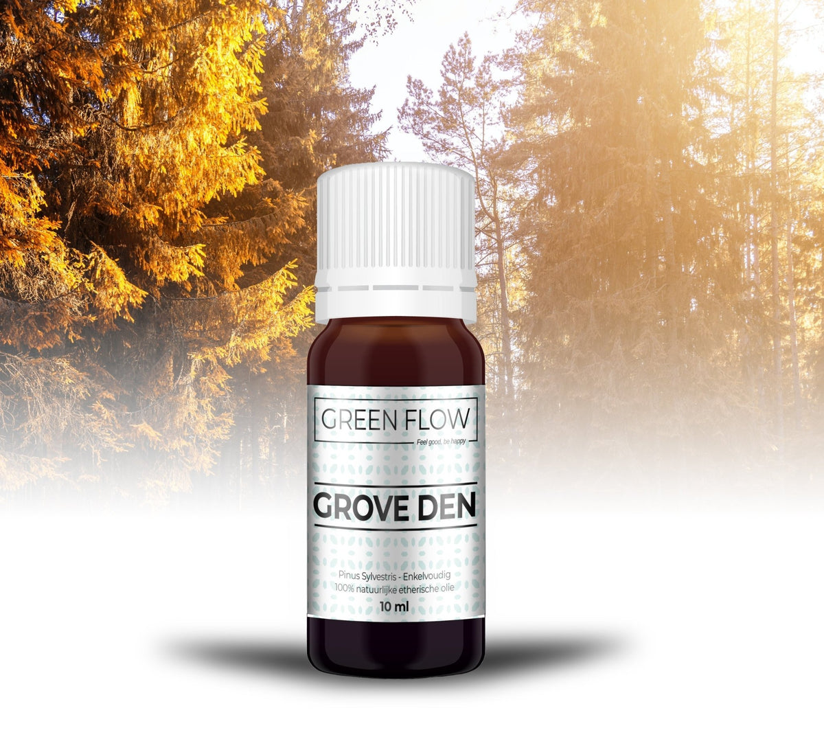 Bruin glazen flesje etherische olie van 10 ml voor een herfstbos met goudkleurige naaldbomen.