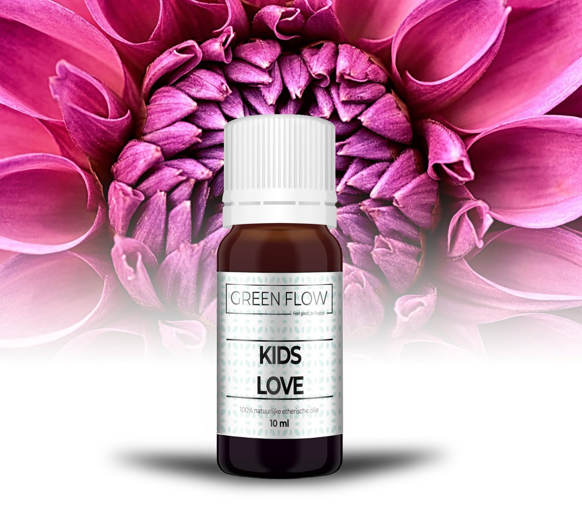 Bruin glazen flesje etherische olie van 10 ml voor een grote roze dahlia in close-up.
