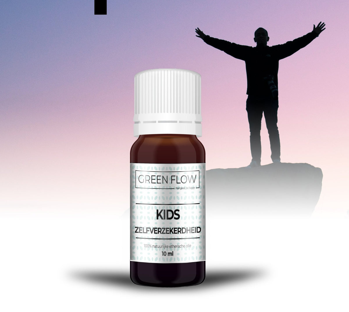Bruin glazen flesje etherische olie van 10 ml voor een silhouet op een rots bij een roze lucht.