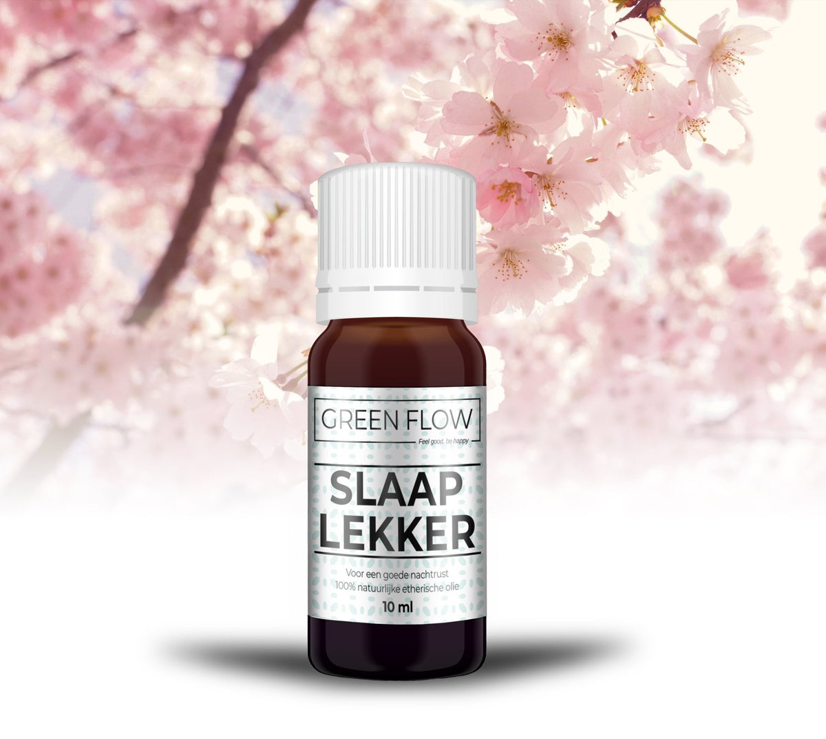 Bruin glazen flesje etherische olie van 10 ml voor roze bloesemtakken.