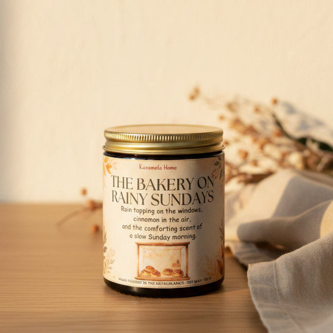 Geurkaars in amberkleurig glas met gouden deksel en crème etiket op een houten tafel bij droogbloemen