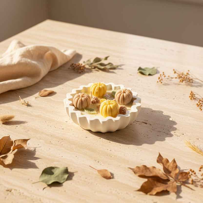 Geurkaars in een geschulpte schaal op een houten tafel tussen droge herfstbladeren