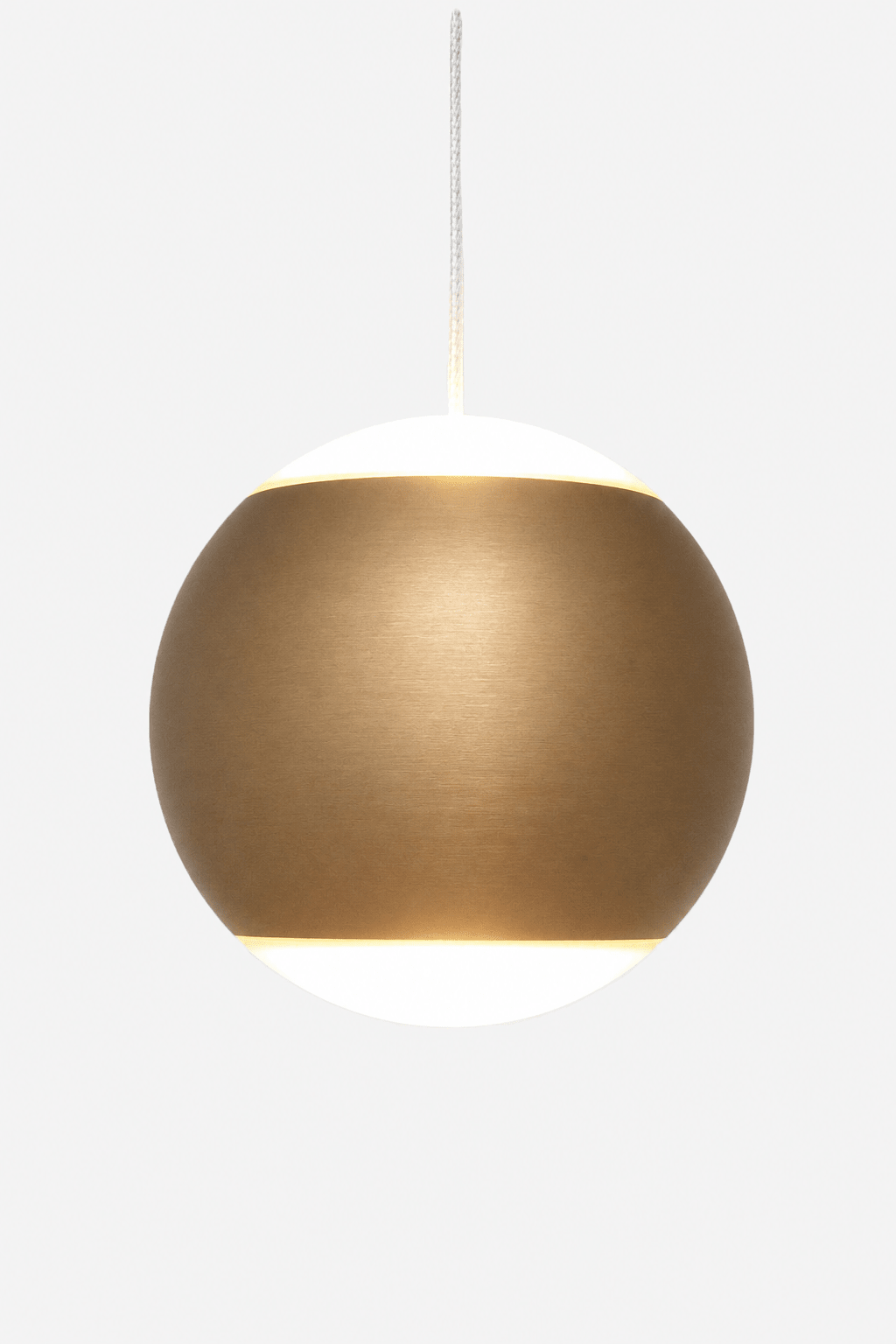 Bronskleurige ronde hanglamp met een verlichte onderkant.