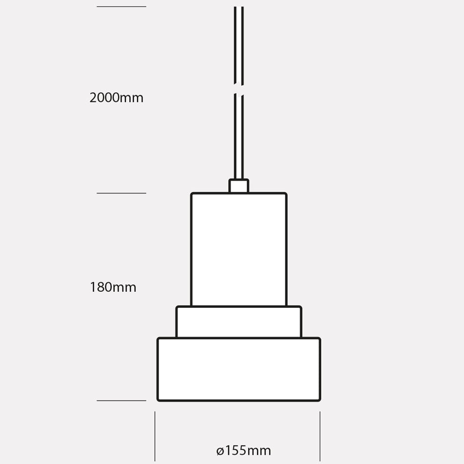 Maattekening van een hanglamp: 180 mm hoog, 155 mm doorsnede, snoer van 2000 mm.