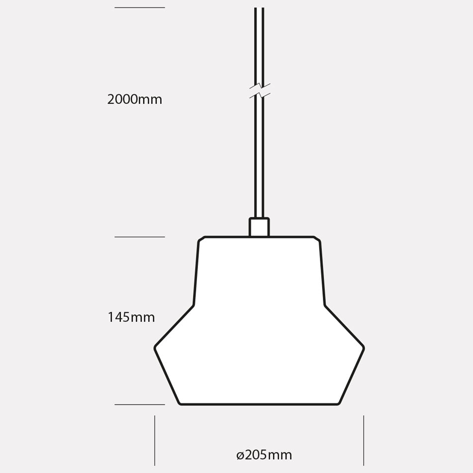 Maattekening van een hanglamp: 145 mm hoog, 205 mm doorsnede, snoer van 2000 mm.