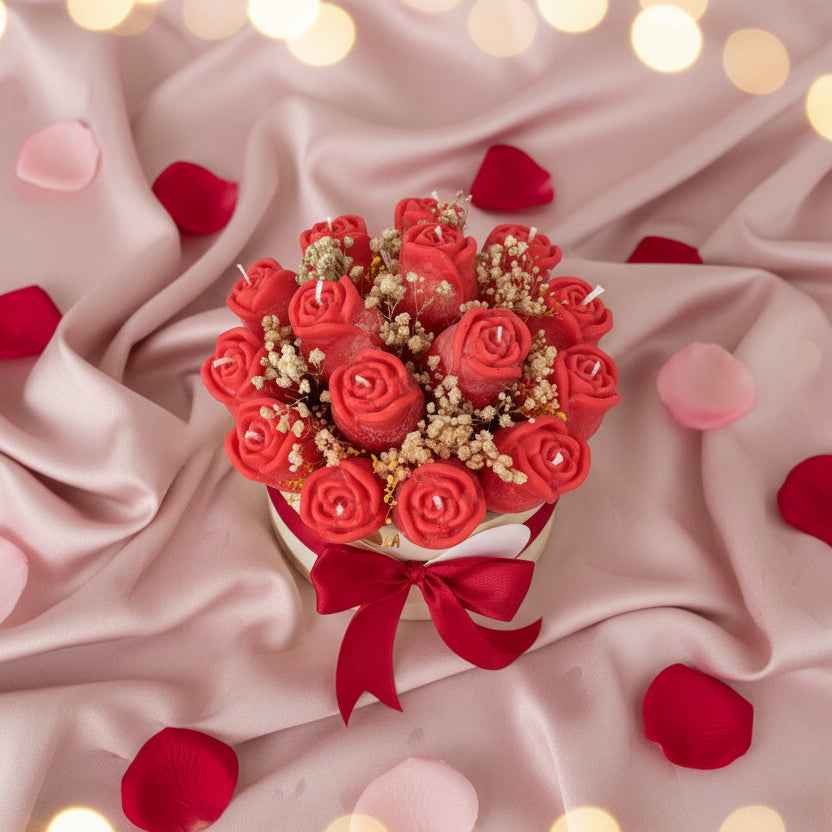 Kaarsenboeket Rozen in een luxe mand met satijnen strik en verfijnde droogbloemen