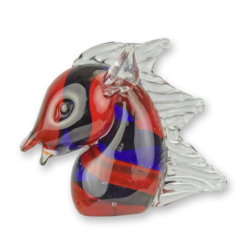 Paardenhoofd rood-blauw glazen beeld murano-stijl 15 cm