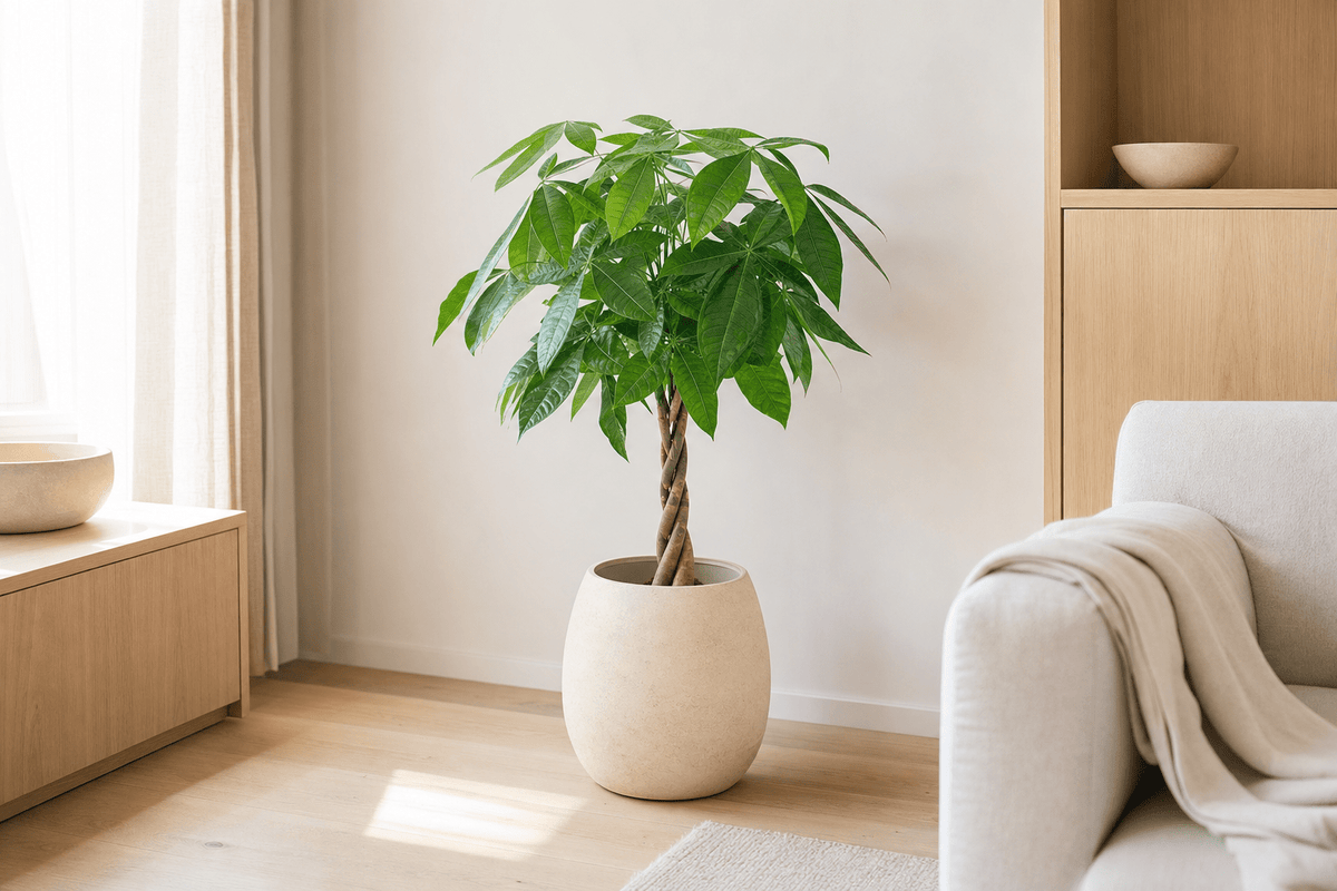 Geldboom met gevlochten stam in een crèmekleurige pot in een lichte woonkamer.