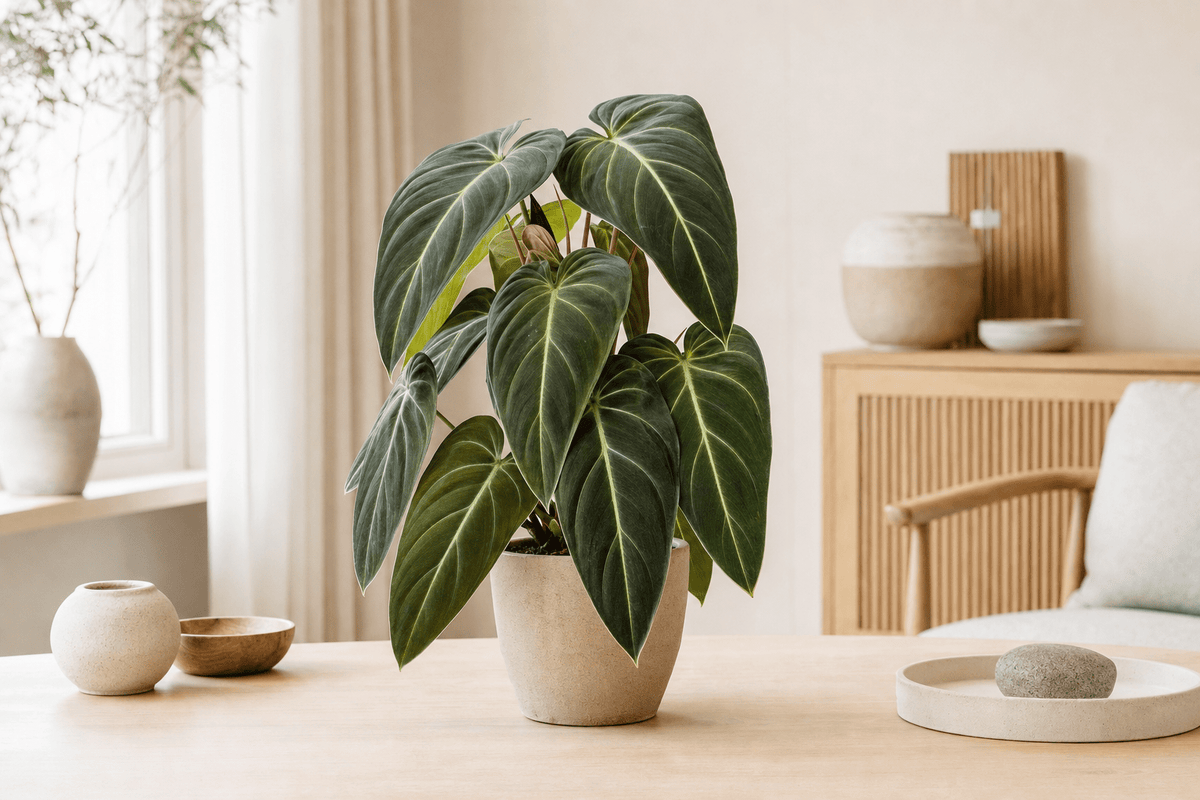 Plant met fluwelig donker blad in een lichte pot op een tafel bij een raam.