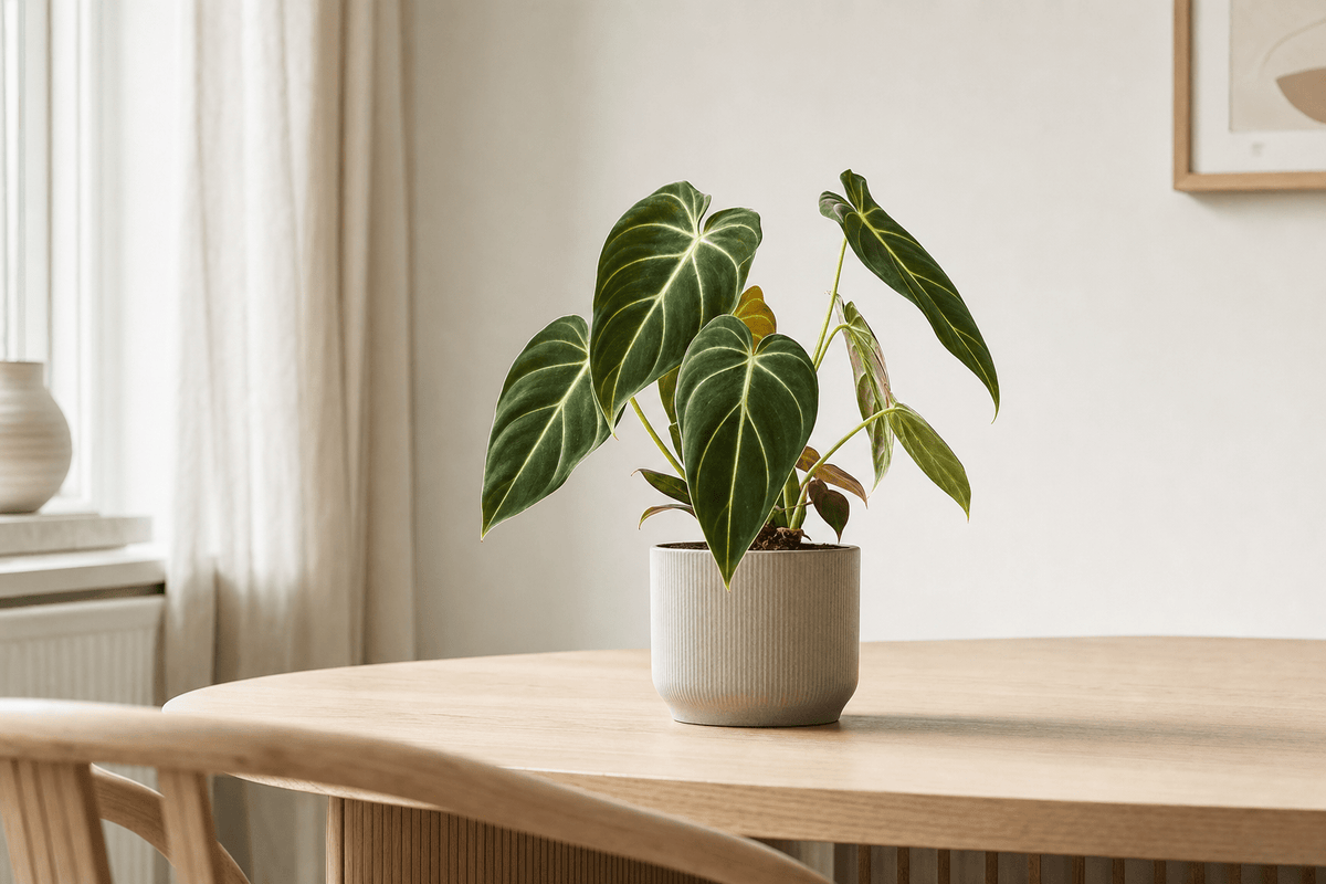 Plant met donker fluweelblad in een geribbelde pot op een ronde houten tafel.