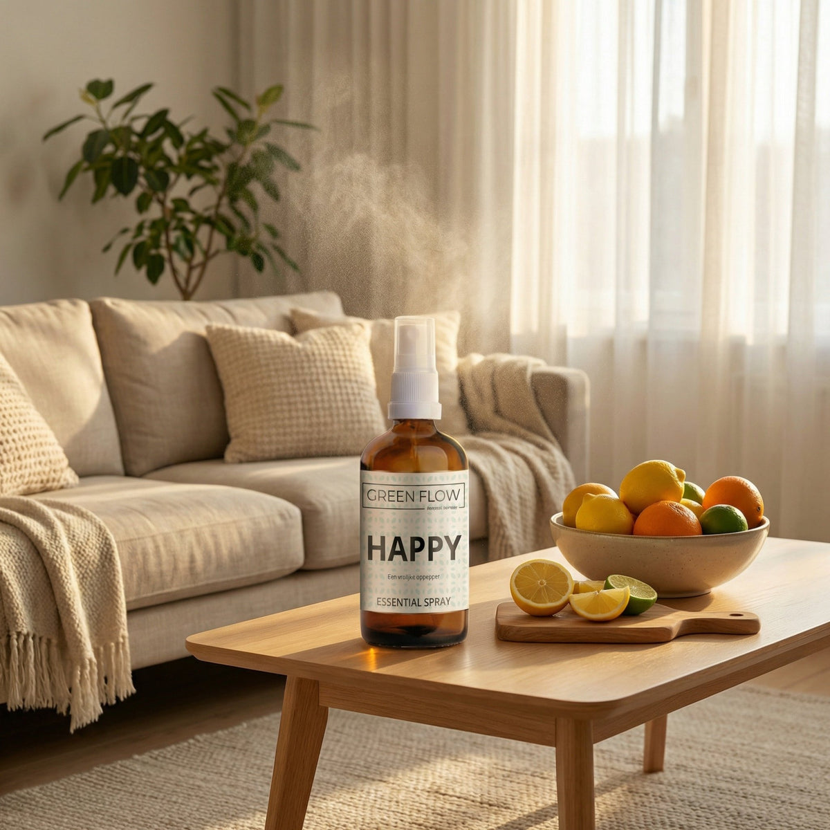 Verstuiver van bruin glas op een houten salontafel in een lichte woonkamer, naast een schaal citrusfruit.