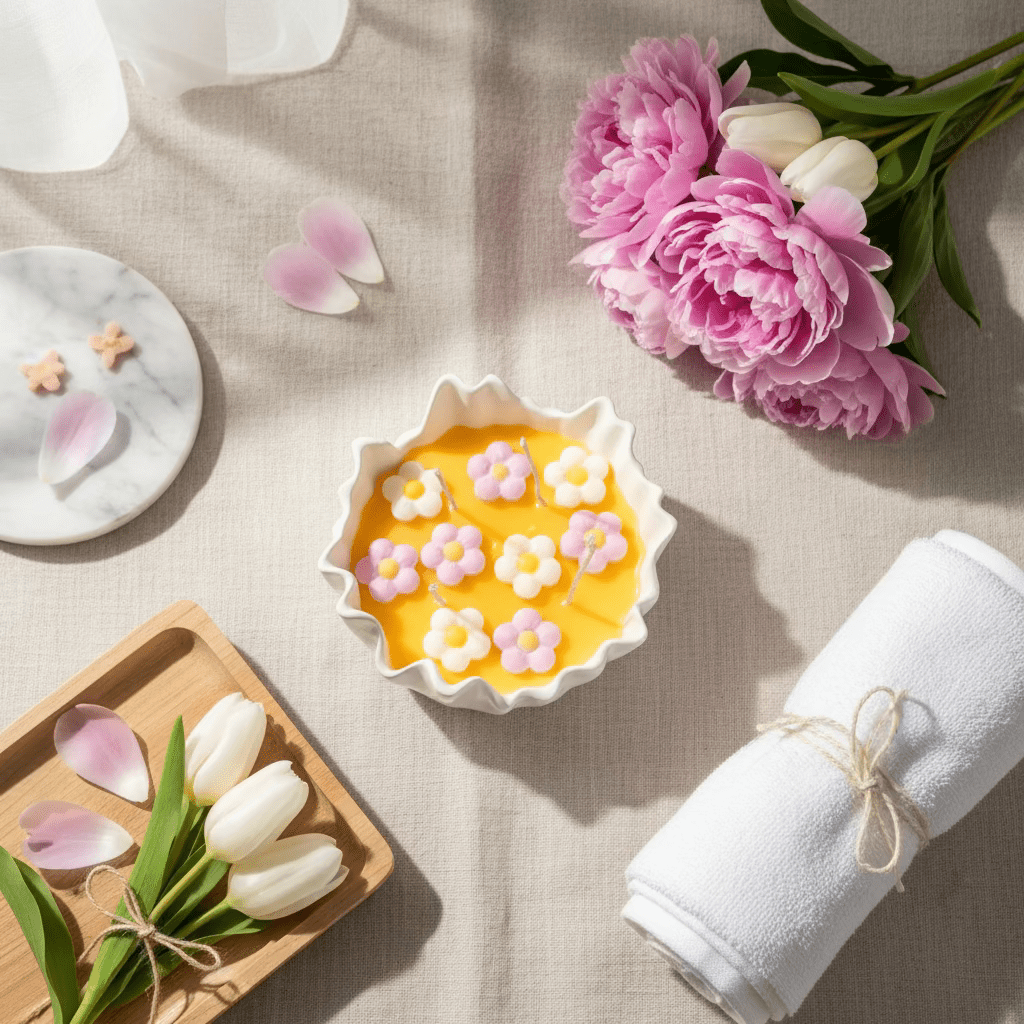 Spring Garden kaars in een elegante witte keramische houder met geschulpte randen