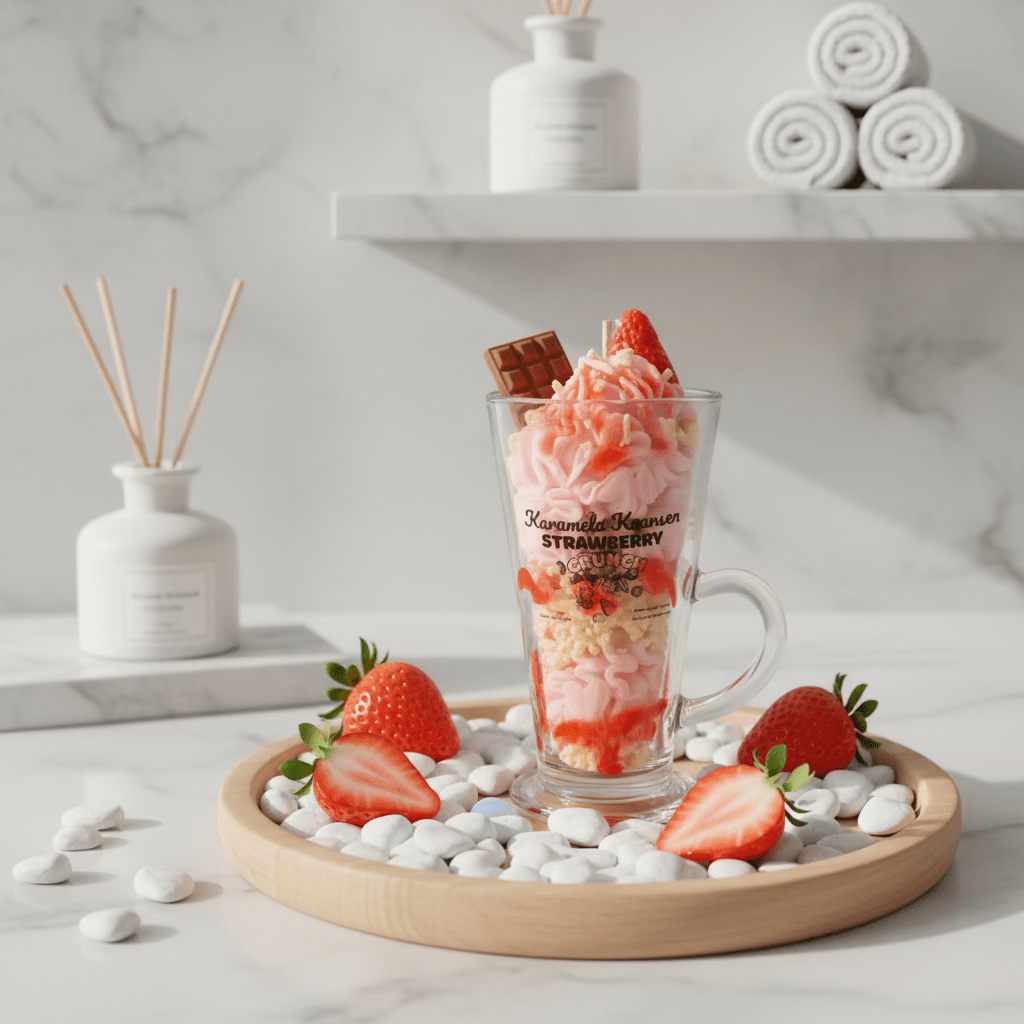 Strawb Crunch geurkaars, een verfijnd dessertkaarsje met een ambachtelijke, luxe uitstraling