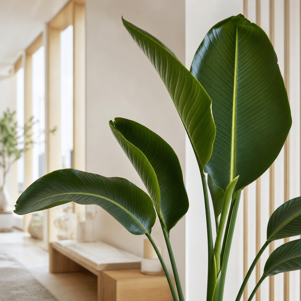Grote bladschoepen tegen een lichte wand met houten lamellen en daglicht van opzij.