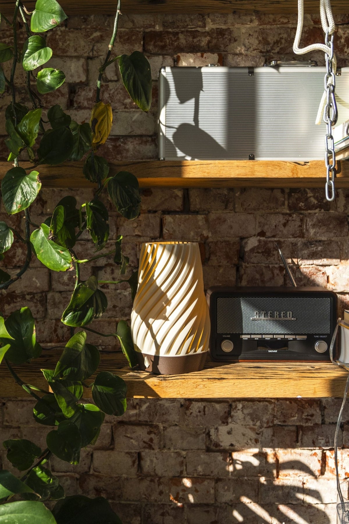 Brandende smalle gedraaide tafellamp naast een radio op een houten plank met klimplanten.