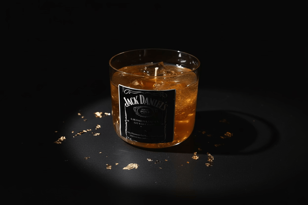Gel wax kaars in de vorm van een whiskyfles, een stoere decoratieve blikvanger