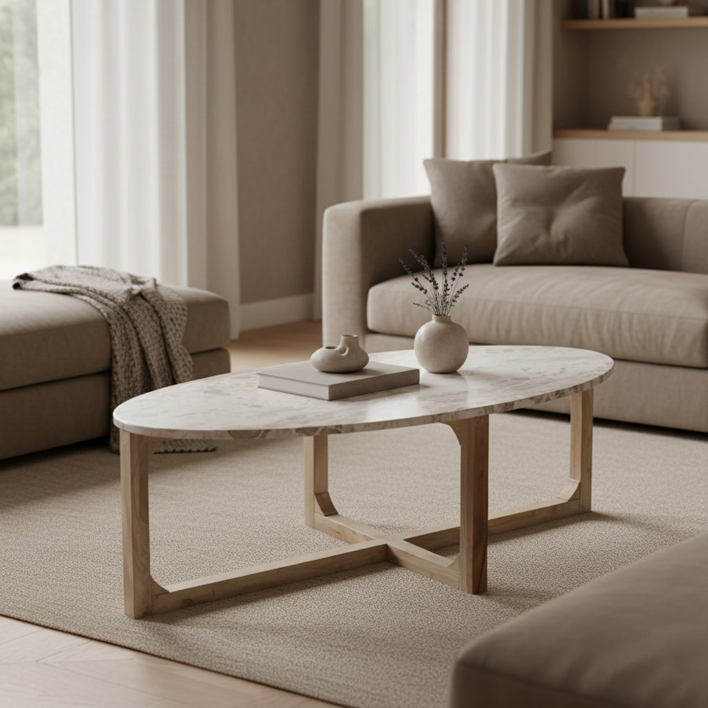 Créme marmeren salontafel ovaal 120x60 cm