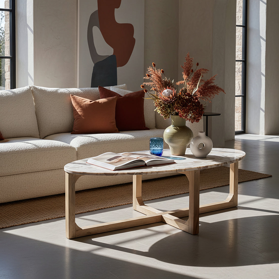 Créme marmeren salontafel ovaal 120x60 cm