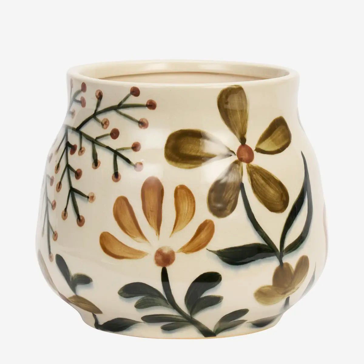 De sierlijke, met de hand geschilderde bloemen en botanische motieven zijn geïnspireerd op traditionele folkloristische dessins en geven de bloempot een verfijnd, artistiek karakter.