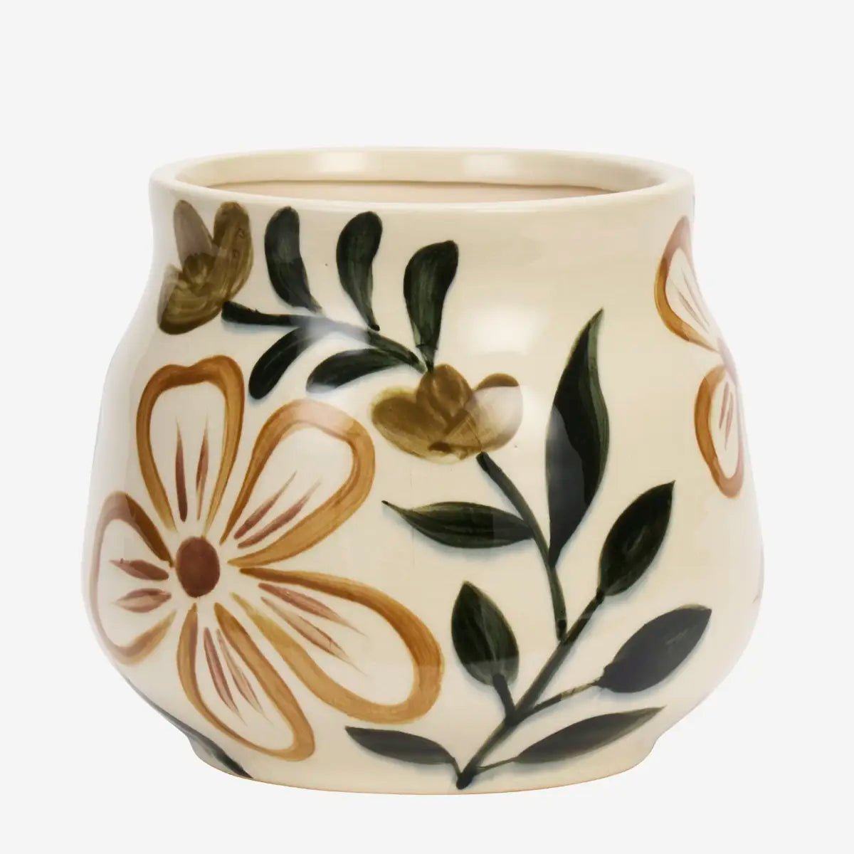 De sierlijke, met de hand geschilderde bloemen en botanische motieven zijn geïnspireerd op traditionele folkloristische dessins en geven de bloempot een verfijnd, artistiek karakter.