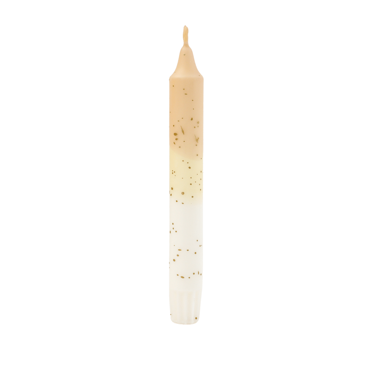Deze handgemaakte dinerkaars combineert een zachte crèmekleur met subtiele gouden spetters, waardoor een elegant en tijdloos ontwerp ontstaat.