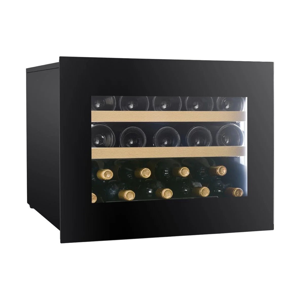 Design zwarte wijnkoelkast in compacte vorm met houten leggers en meervoudig LED-licht (wit, amber en blauw). 