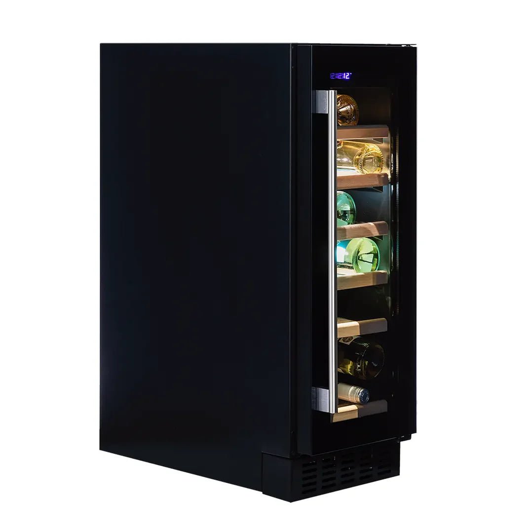 Wijnkoelkast verkrijgbaar in zwart, matzwart, rvs en elke ral kleur. Elegant design, led verlichting en geschikt voor 19 flessen. 