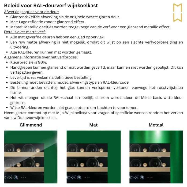 wijnkoelkast in zwart, matzwart, rvs/zilver of eigen gekozen RAL kleur. Combineert elegantie met functionaliteit. Geschikt voor 32 flessen en wordt verlicht met multi-LED verlichting.