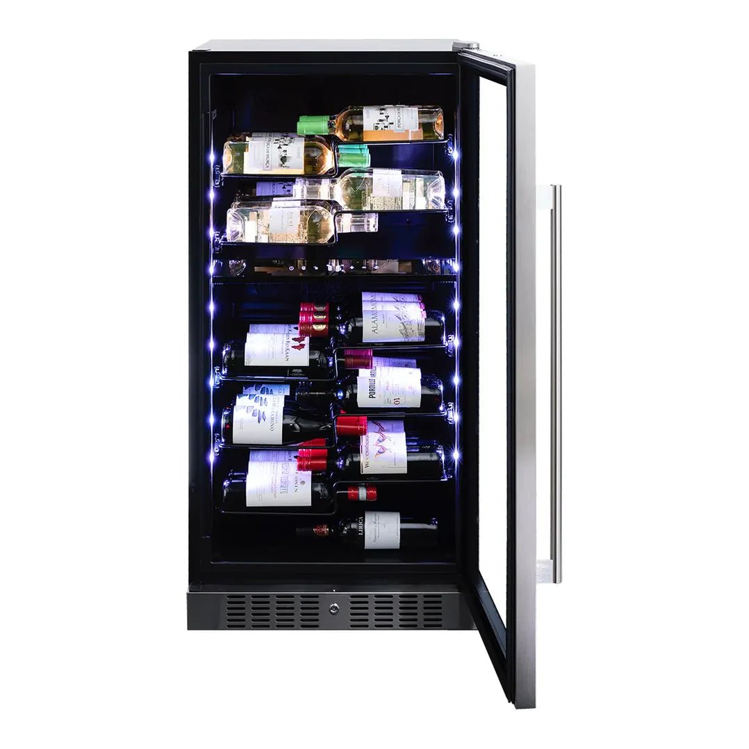 Compacte en stijlvolle champagne koelkast voor in huis. Met multi led verlichting en geschikt voor 58 flessen. 