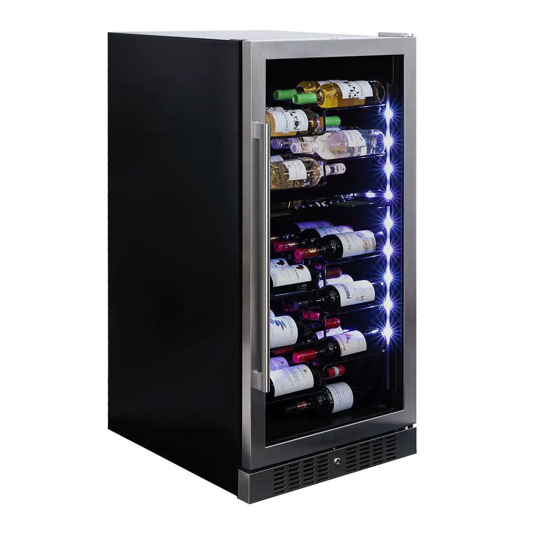 Compacte en stijlvolle champagne koelkast voor in huis. Met multi led verlichting en geschikt voor 58 flessen. 