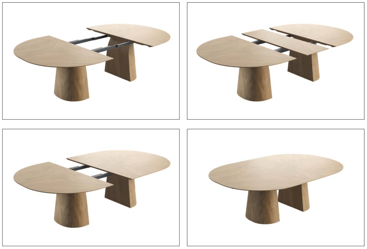 Vier tekeningen van de ovale tafel, van gesloten tot volledig uitgeschoven met aanzetbladen