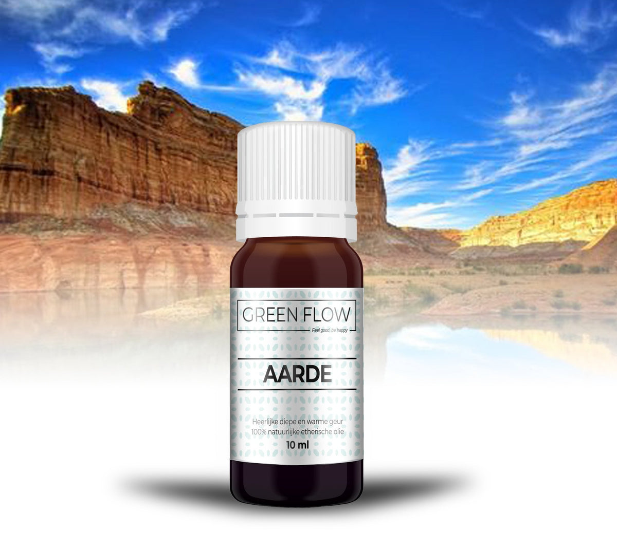 Bruin glazen flesje etherische olie van 10 ml voor rode rotsformaties onder een blauwe lucht.