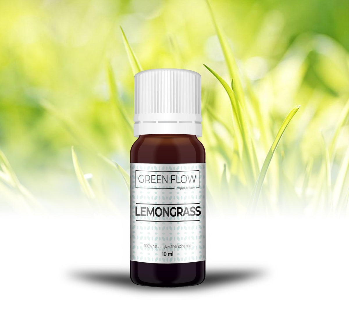 Bruin glazen flesje etherische olie van 10 ml voor fris groen gras in de zon.