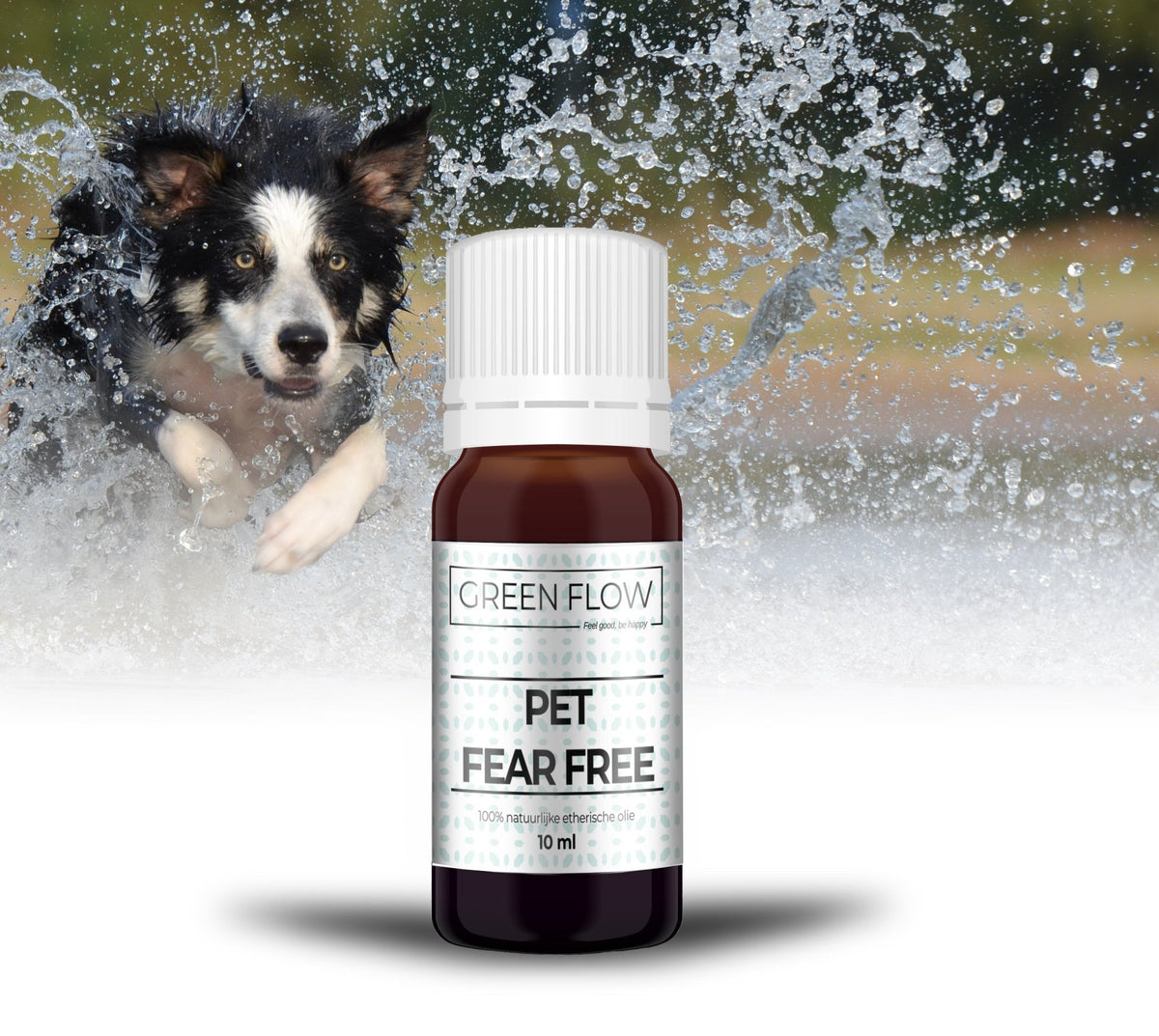 Bruin glazen flesje etherische olie van 10 ml voor een springende hond in opspattend water.