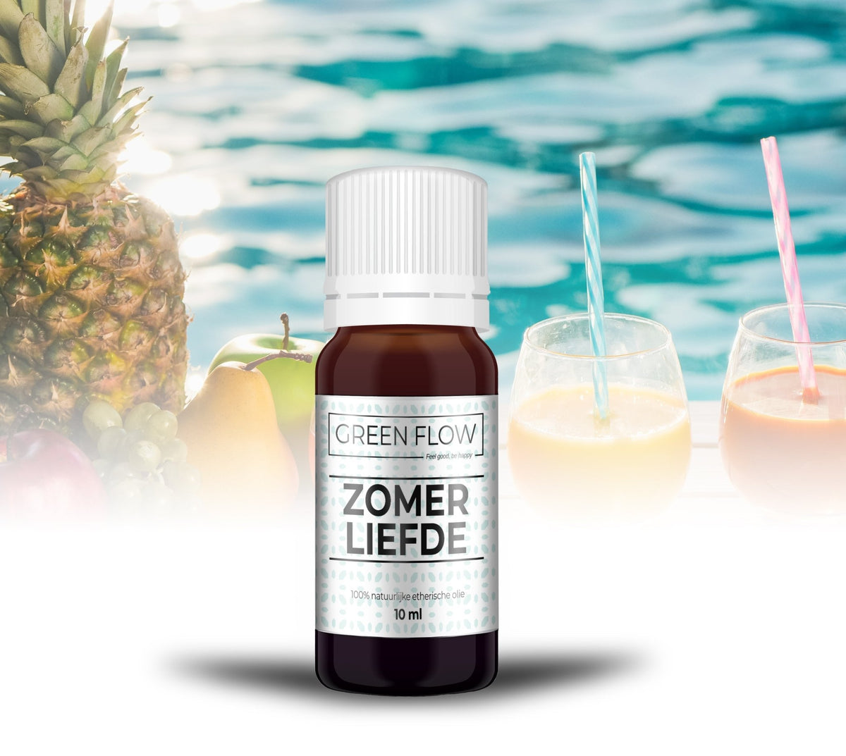 Bruin glazen flesje etherische olie van 10 ml voor een tropisch tafereel met ananas en zwembad.