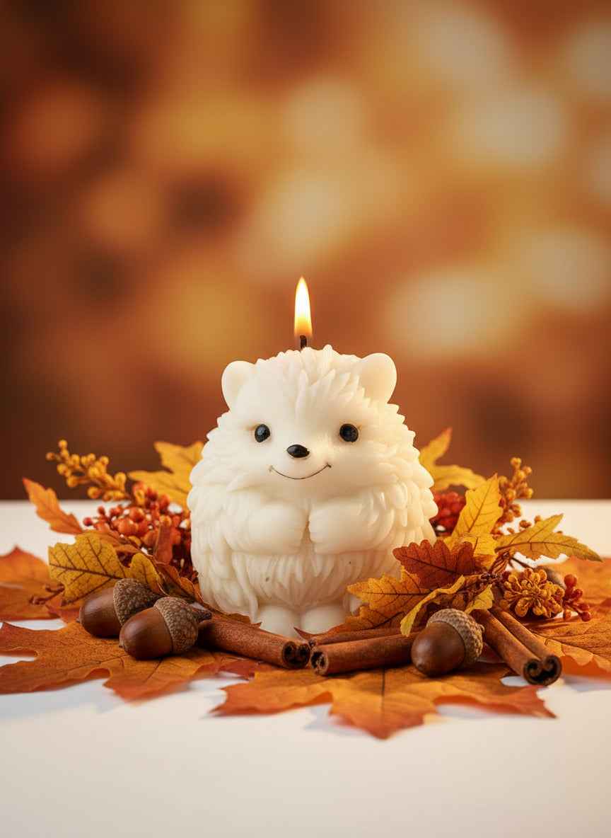 Brandende witte figuurkaars in de vorm van een egel op herfstbladeren met eikels en kaneel