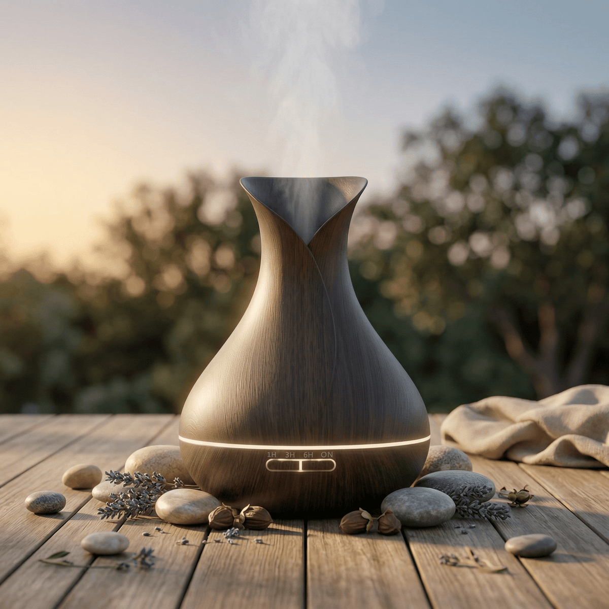 Donkere vaasvormige geurdiffuser op een houten tafel buiten, tussen kiezels en lavendel bij zonsondergang.