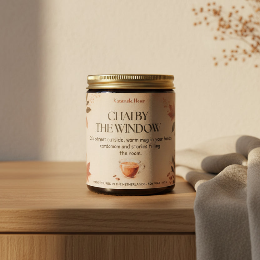 Geurkaars in een amberkleurige glazen pot met gouden deksel en crème etiket op een houten blad