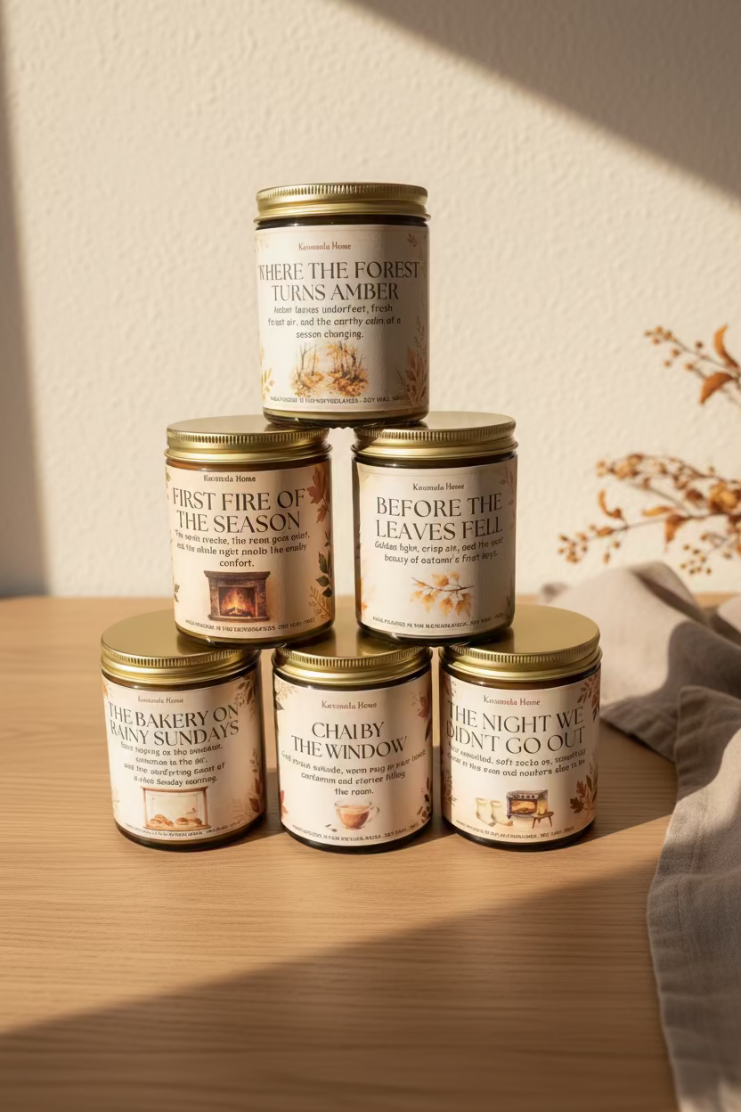 Groep amberkleurige geurkaarspotten met gouden deksels en crème etiketten in warm daglicht