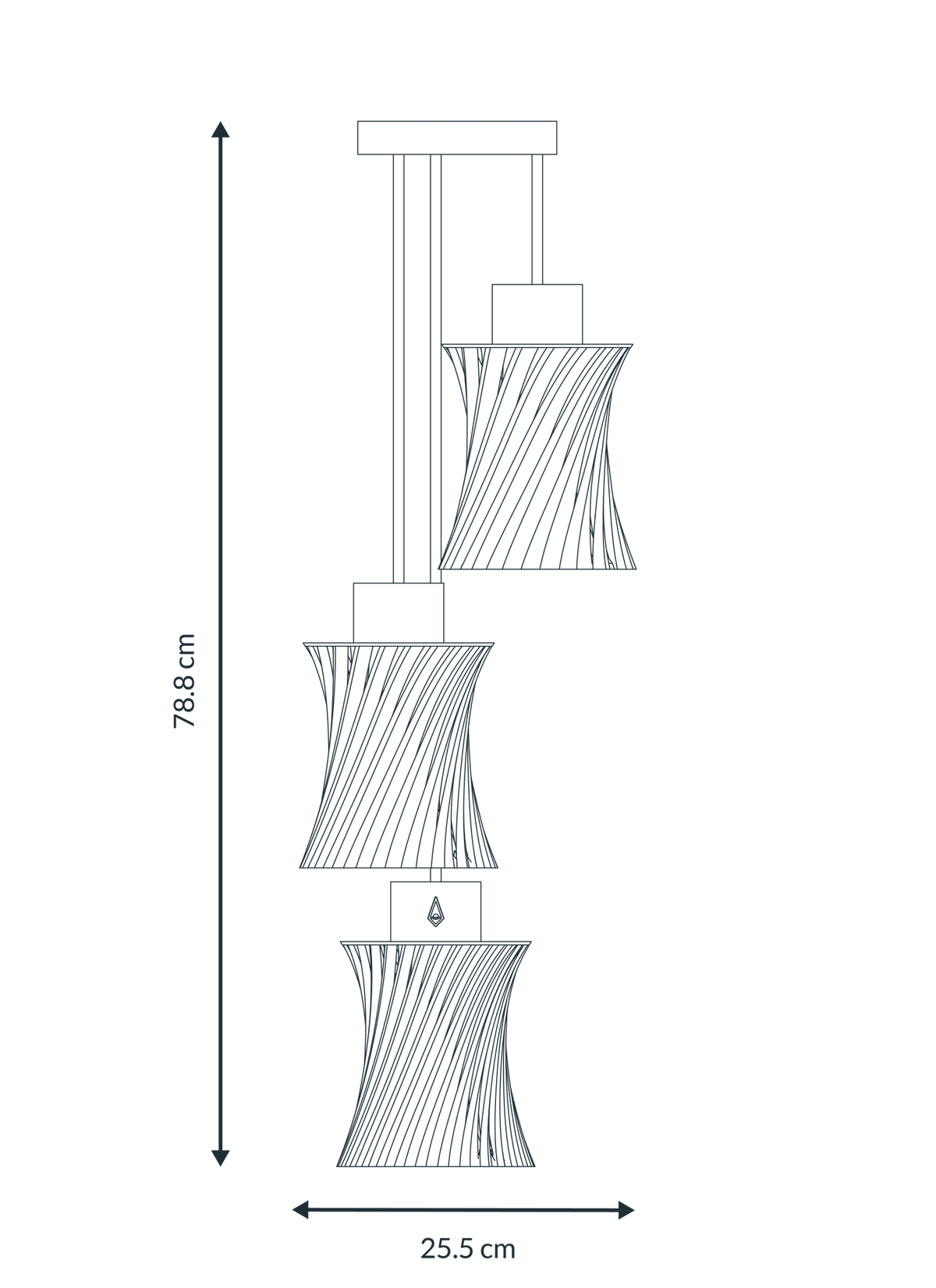 Maattekening van de driedelige hanglamp: 78,8 cm hoog en 25,5 cm breed.