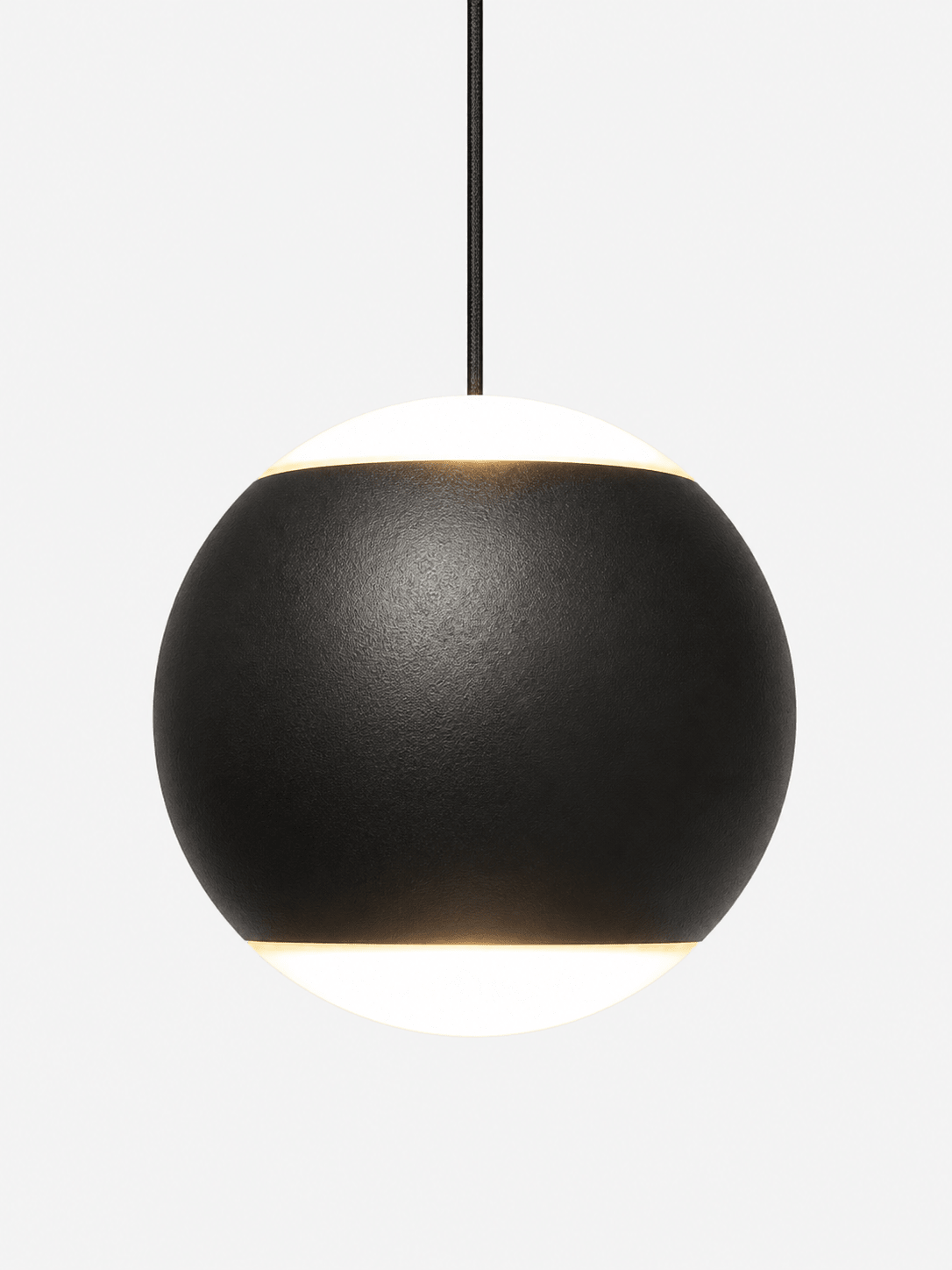 Zwarte ronde hanglamp met een verlichte onderkant.