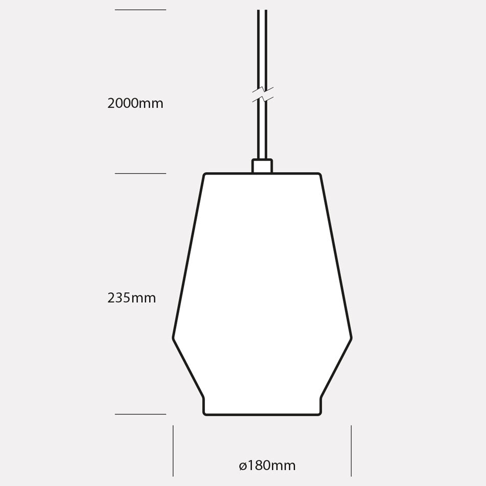 Maattekening van een hanglamp: 235 mm hoog, 180 mm doorsnede, snoer van 2000 mm.