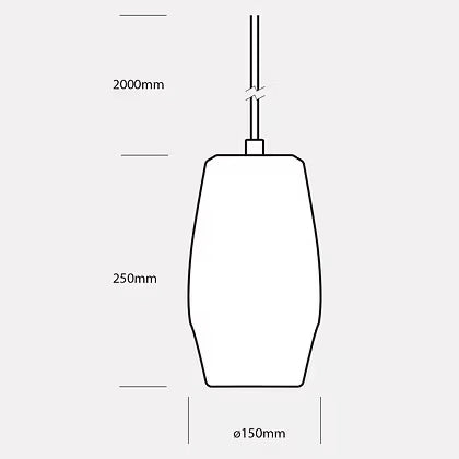 Maattekening van een hanglamp: 250 mm hoog, 150 mm doorsnede, snoer van 2000 mm.