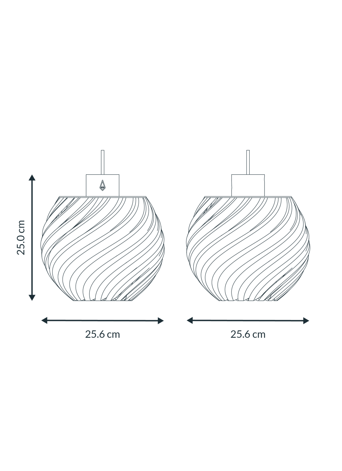 Maattekening van de hanglamp: 25 cm hoog en 25,6 cm breed.
