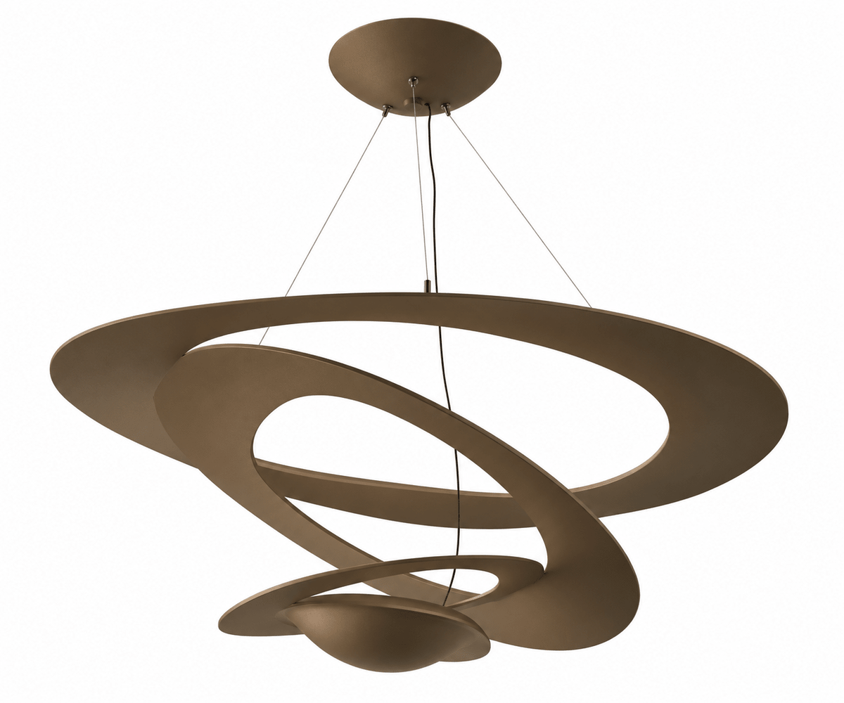 Bronskleurige hanglamp met in elkaar gedraaide banden in een spiraalvorm.