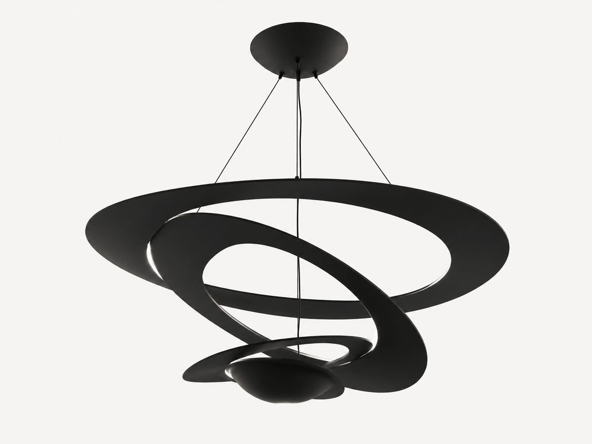 Zwarte hanglamp met in elkaar gedraaide banden in een spiraalvorm.